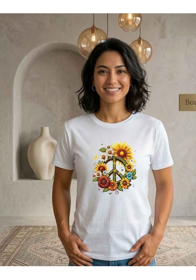Kadın Bisiklet Yaka Ayçiçeği Ve Barış Logo Desenli Dijital Baskılı T-shirt Beyaz