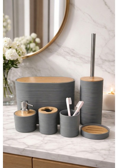 Makri Home 6 Parça Gri Banyo Seti, Bambu Detaylı, 8l Çöp Kovası 24x26x16 Cm