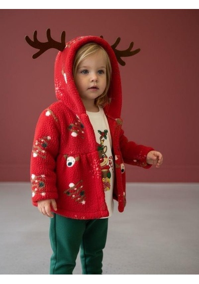 Zekids Kız Bebek Peluş Montlu Yılbaşı Temalı 3'lü Eşofman Takım-16559 Kırmızı