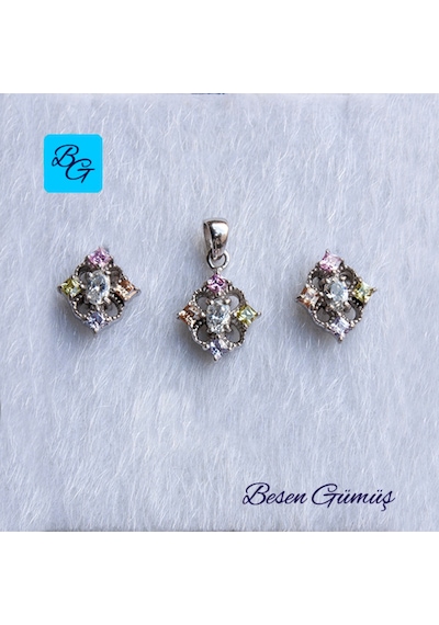 Dört Tırnaklı Dikdörtgen Renkli Taşlı Set Rose Gold - Gümüş