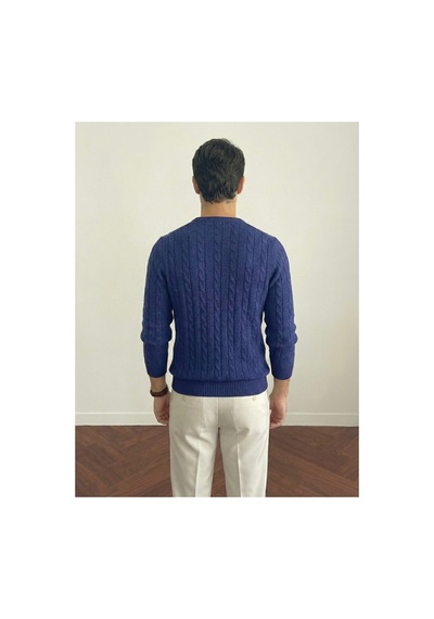 Cool Tarz Erkek Bisiklet Yaka Slim Fit Saç Örgülü Triko Kazak Lacivert Lacivert