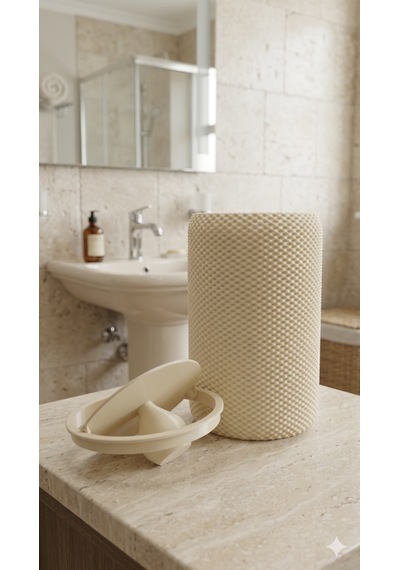 Modern Geometrik Dokulu Döner Kapaklı Masaüstü Çöp Kutusu- 18 Cm Krem Krem