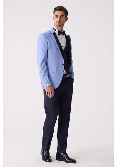 Ysf Erkek Mavi Slim Fit Yelekli Damatlık