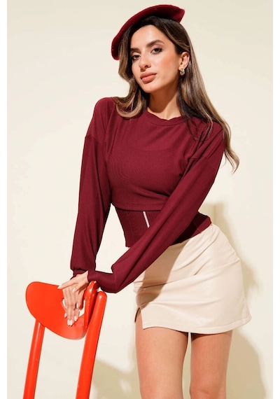 By Mop Fitilli Bisiklet Yaka İkili Bluz Bordo T4341 Bordo