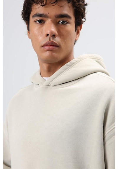 Vamos Oversize Nakış Detaylı Hoodie Bej