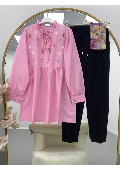 Lovie Moda Kadın Çiçek İşlemeli Takım - Pembe Beyaz