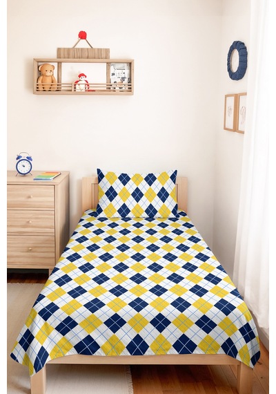 Sarı Lacivert Ekose Geometrik Genç Odası Tek Kişilik Pike Takımı - 160x220 Cm Kapitone Yatak Örtüsü Gölge Çiy Buharı