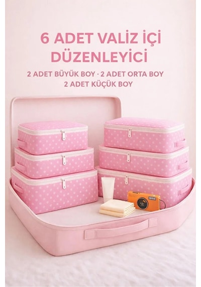 Serstil 6'lı Seyahat Bavul Organizer Filesiz Hurç Seti Hurç Ve Çanta Takımı - Pembe Benekli Pembe Puantiye