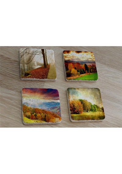 Sonbahar Manzaraları Doğal Taş Bardak Altlığı 4'lü Set - Natural Stone Coasters-174262 Çok Renkli