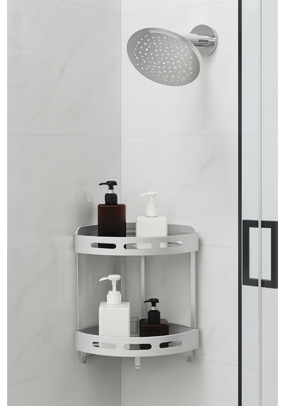 Alüminyum Paslanmaz 2 Katlı Banyo Köşe Rafı Banyo Düzenleyici Organizer Gümüş