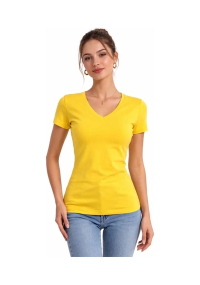 Valensdesign T-shirt V Yaka Slim Fit Likralı Tişört Günlük Basic Body - Sarı