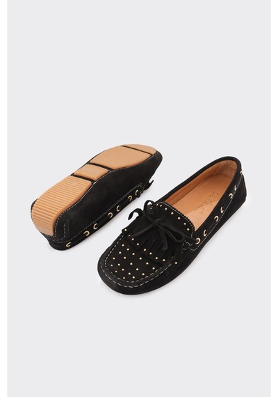 Derinet Hakiki Deri Püsküllü Kadın Loafer Siyah Süet Siyah Süet