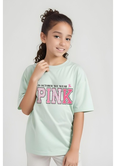 Panios Kids We Wear Pink Baskılı Kız Çocuk Kısa Kollu T-shirt Mint Yeşili