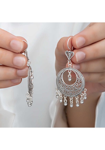 Gümüş Çember Telkari Sallantılı Kadın Küpe T8286 Gümüş