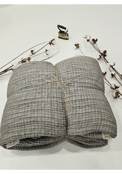 Gri 7 Katlı Çift Taraflı Dolgulu Çift Kişilik Müslin Battaniye %100 Pamuk 230x240 Cm Gri