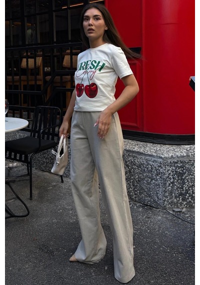 Madmext Çağla Yeşili Yüksek Bel Keten Wide Leg Pantolon Mg2718