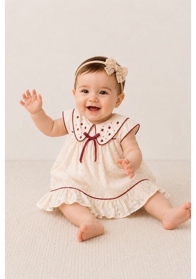 Cantoy Kız Bebek Bordo Detaylı Fisto Nakışlı Vintage Elbise Ve Bandana Takımı Organik