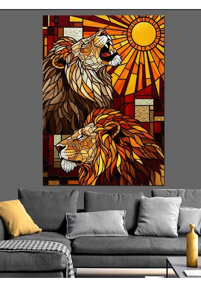 Ahşap Tablo Vitray Tarzı Aslan Portresi Dekoratif Tablolar