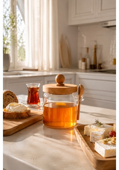 Porsima Lm-0057 Bambu Kapaklı Bambu Kaşıklı Cam Şekerlik Sunumluk Bal Ve Reçel Kavanozu Saklama Kabı 450ml Cam - Şeffaf