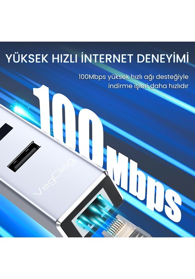 Lexroo Usb Type-c To 100mbps Ethernet Çevirici Ve 3 Portlu Usb Hub Çoklayıcı