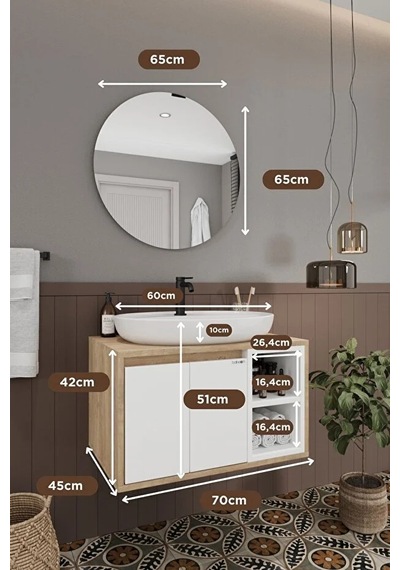 Gül Beyaz 70 Cm %100 Mdf Lavabolu Banyo Dolabı Ayna Lavabo Beyaz