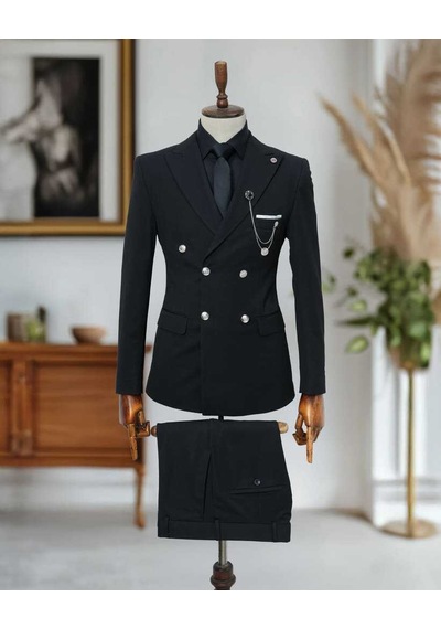 Beystil Sivri Yaka Siyah Kruvaze Takım Elbise Nikol036- Slim Fit Siyah