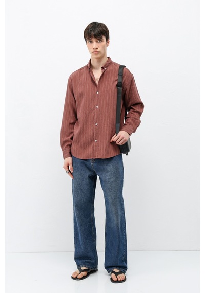Vamos Çizgili Lyocell Kumaş Oversize Gömlek Bordo