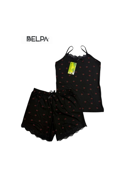 Belpa Sıla Sella Bamboo Kadın Şortlu Pijama Takımı Askılı Dantel Detaylı Siyah