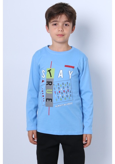 Hçm Erkek Çocuk Uzun Kollu Tshirt Stay True Baskılı Bisiklet Yaka E29 Mavi