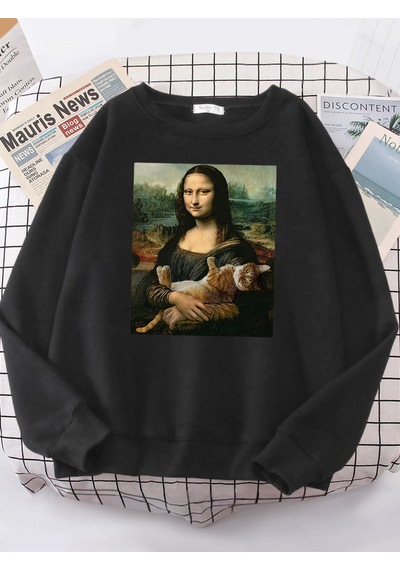 Startmore Startmoret Shirt Mona Lisa Sarılma Kedi Kawaii Kadın Hoodies Moda Rahat Hoodie Boy Gevşek Tişörtü Sıca Siyah