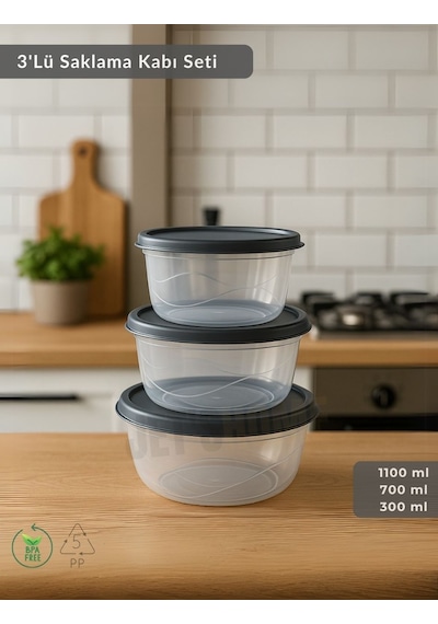 Jet's Home Yuvarlak 3'lü Saklama Kabı Bpa Free Derin Dondurucu İçin Uygun Beslenme Kabı 1100-700-300 Ml Şeffaf