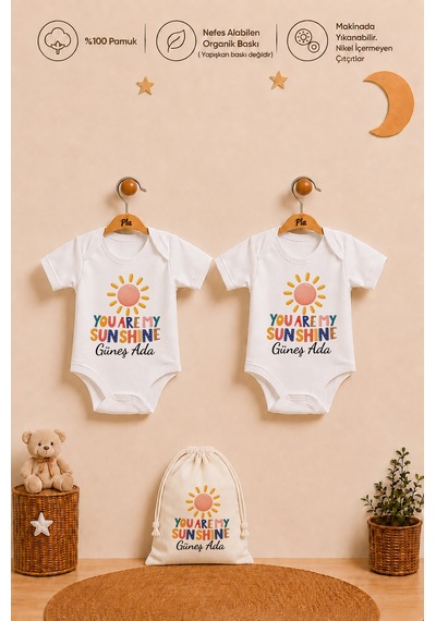 Pia Baby Kız Bebek İsme Özel Hediye Seti 2'li %100 Pamuk Organik Baskılı Body Zıbın Ve Ham Bez Kıyafet Kesesi 2061b2k2x Ekru