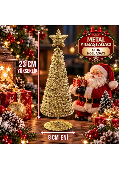Vıp Tasarım Gold Metal 23 Cm Gold Yılbaşı Ağacı Metal Parlak Simli Gold Noel Ağacı Yılbaşı Çam Ağacı