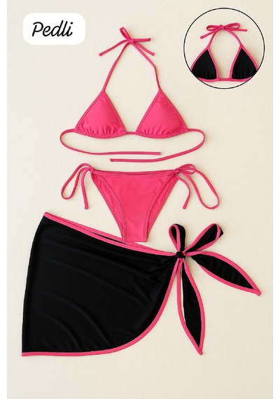 Angbutik Kadın Fuşya Siyah Pareolu Yandan Ve Boyundan Bağlamalı 3'lü Bikini Takımı