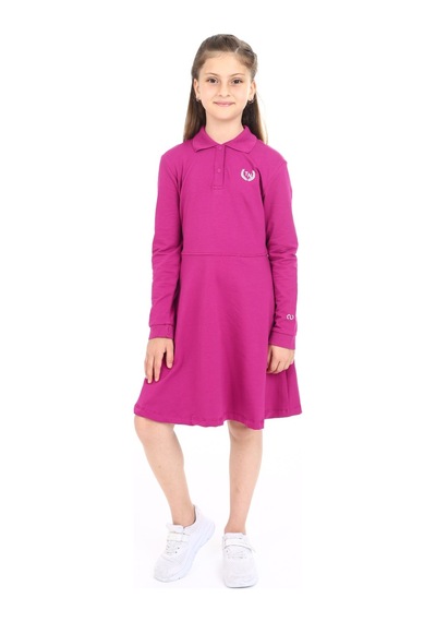 Toontoy Kız Çocuk Polo Yaka Çıtçıtlı Göğsü Baskılı Elbise Mürdüm