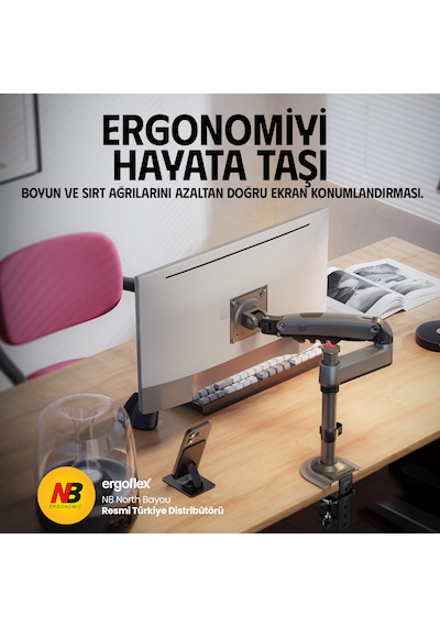 Monitör Standı North Bayou H100 2026 Yeni Model Amortisörlü Tekli Monitör Standı Gri 17-32 Inç - 2-9 Kg