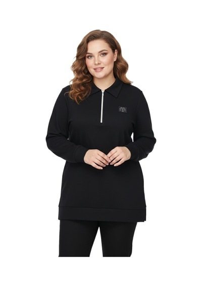 Caftan Kadın Polo Yakalı Önü Fermuarlı Bluz Bgl-st05088 Siyah