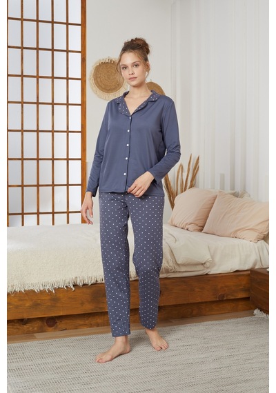 Siyah İnci Gömlek Yaka Düğmeli Milan Örme Pijama Takım25224010 İndigo