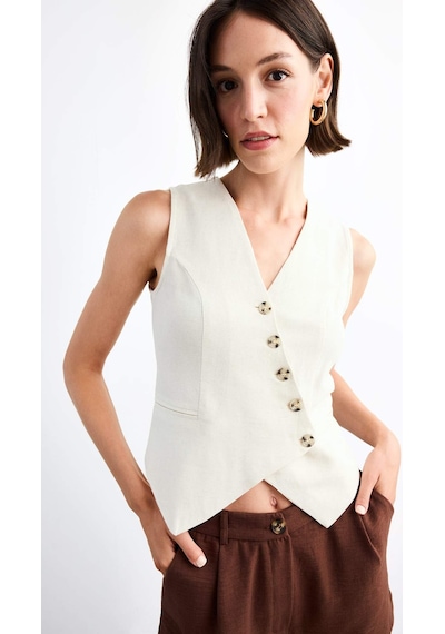 Defacto Slim Fit Dar Kesim V Yaka Keten Yelek G0663ax25smwt34 Beyaz