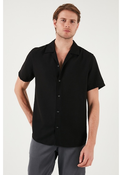 Buratti Keten Görünümlü Kısa Kollu Apaş Yaka Regular Fit Erkek Gömlek Cf23S116775 Siyah