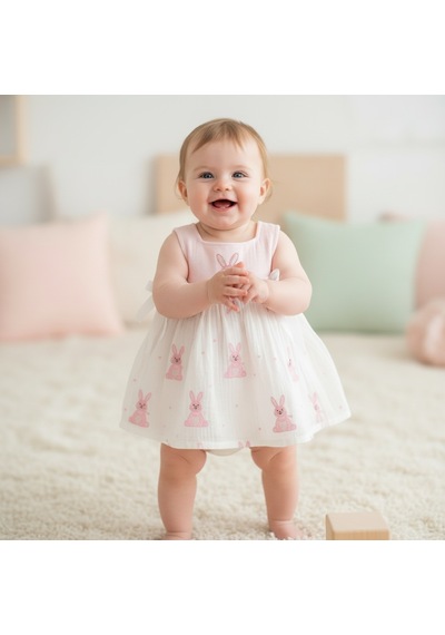 Ürünya Kız Bebek Çocuk Sıfır Kollu Askılı Nakışlı Elbise Pembe