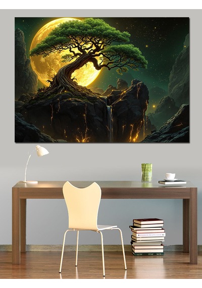 Ay Işığında Bonsai Dekoratif Kanvas - Mdf Ahşap Tablo