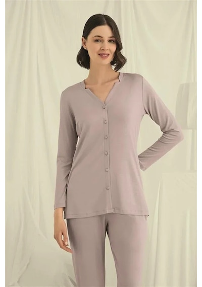 Ang Butik Kadın Uzun Kollu Boydan Düğmeli V Yaka Pijama Takımı Vizon