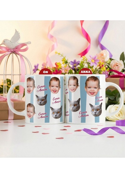 Bk Gift Anneye Özel Yüz Baskılı Beyaz Kupa Bardak - Anneler Günü Ve Kadınlar Günü Hediyesi Mavi