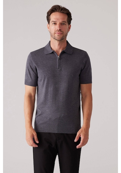 Erkek Koyu Gri Slim Fit Fermuar Detaylı Polo Yaka Triko Tişört