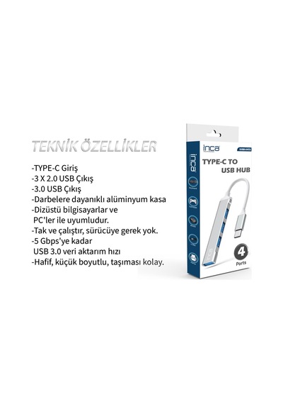 Inca Iusb-04t Type-c Grişli 4port Usb Hub 3x2.0 Usb Çıkış 3.0 Usb Çıkış 5 Gbps