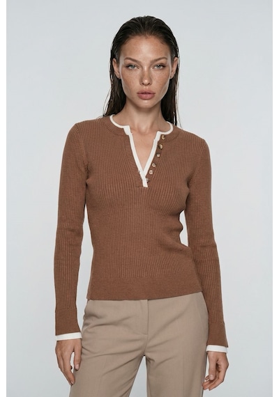 Kahverengi Düğmeli Yaka Uzun Kollu Fitilli Slim Fit Kadın Body Mg2729 Kahverengi