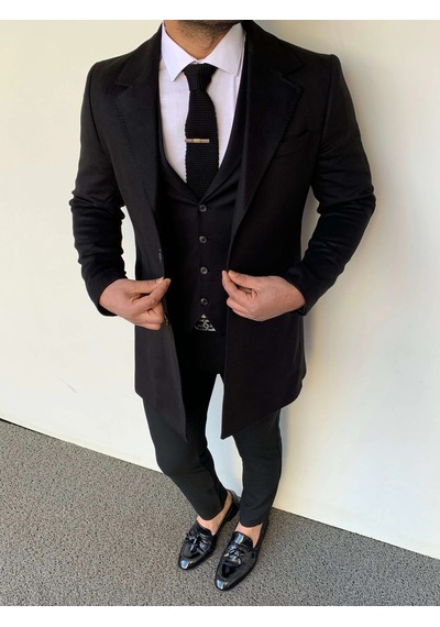 Modefendi Slim Fit İtalyan Kesim Kaşe Kaban Siyah