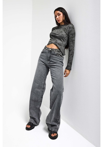 it's basic Kadın Füme Renk 4s513 Loose Fit Kemeri Leopar Desenli Denim Jean
