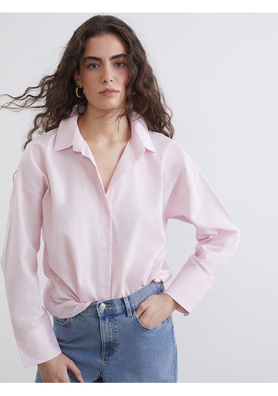 Lcw Vision Pembe Çizgili Oversize Oxford Kadın Gömlek